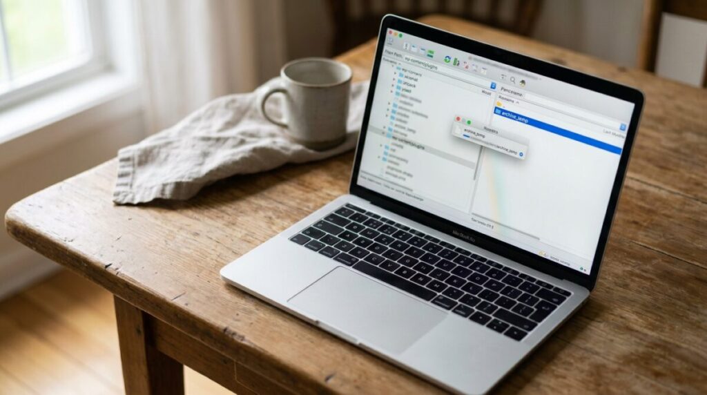 a laptop displaying a dual-pane file manager moving plugin folders to an archive directory