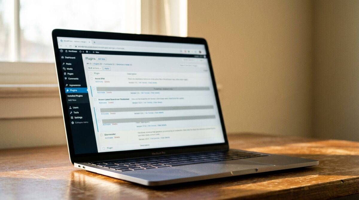 a laptop displaying the WordPress admin plugins management dashboard on a wooden desk
