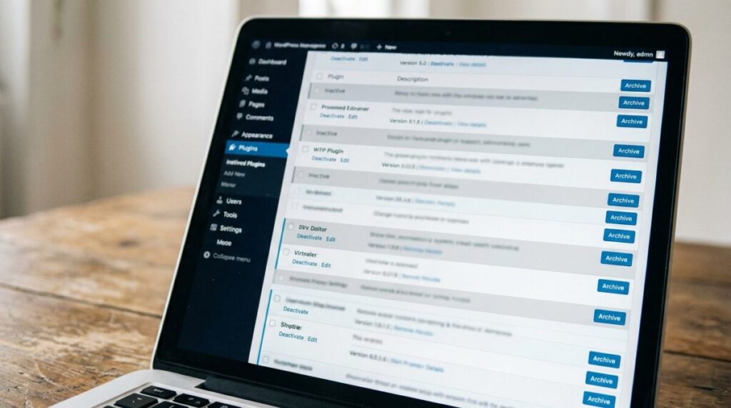 A laptop displaying the WordPress plugins screen with an added column of blue archive buttons
