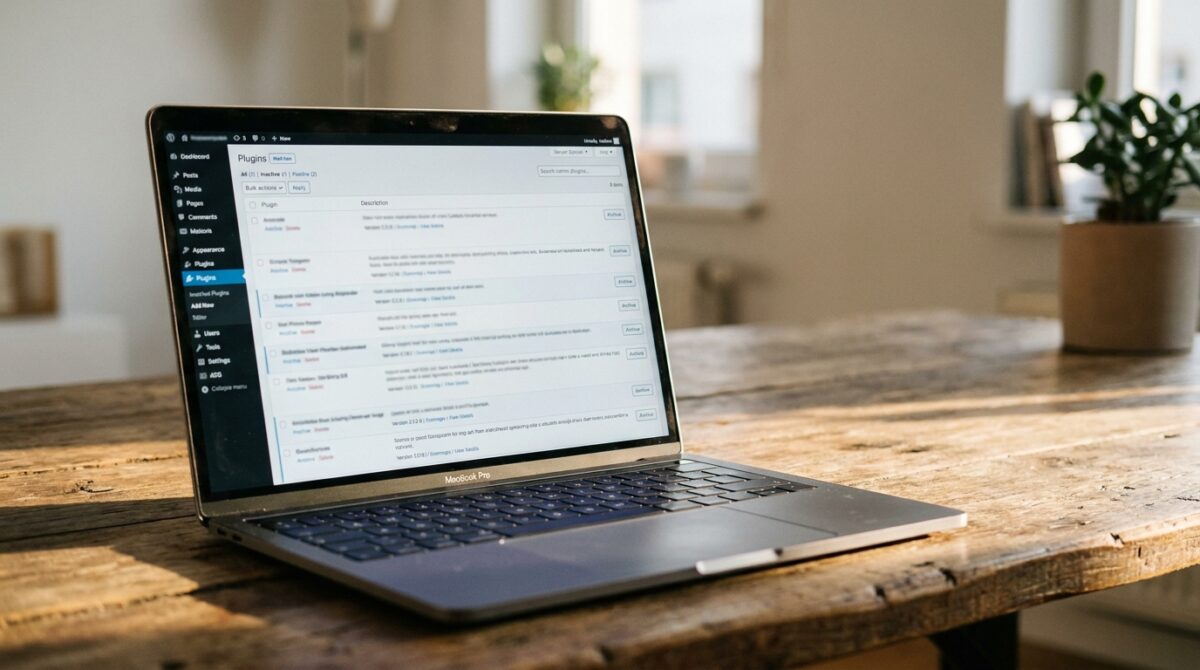 A laptop on a wooden desk displaying the WordPress admin plugins dashboard screen